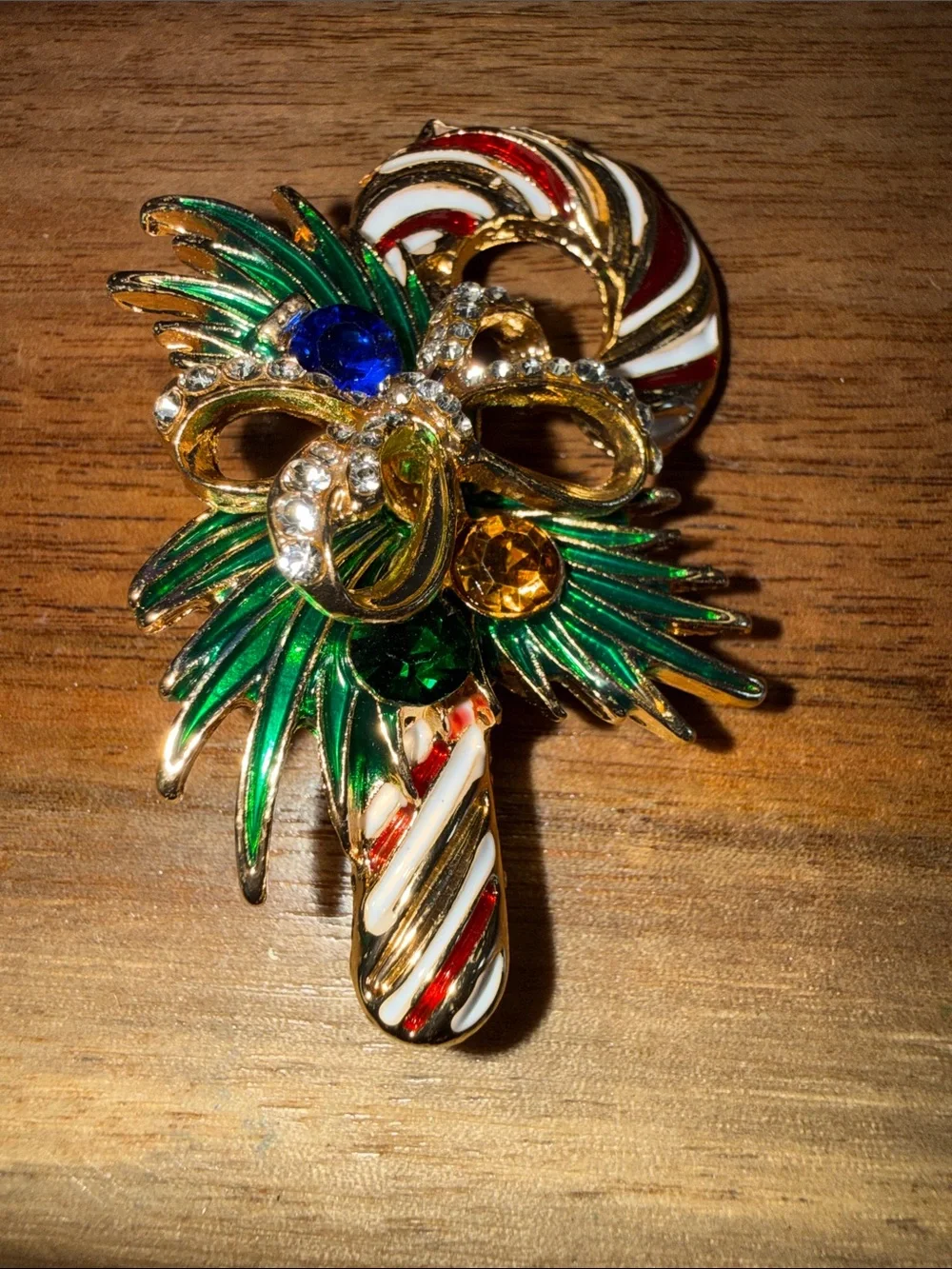 Gold-Tone Candy Cane Brooch with Green Enamel and Multicolor Crystals
